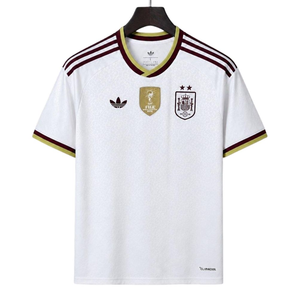 Camisa Futebol Espanha Patch Campeã Copa do Mundo 2026 II Torcedor Off White Masculina