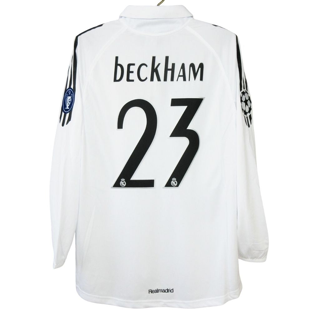 Camisa Futebol Manga Longa David Beckham 23 Real Madrid Retrô 2005/06 Home Torcedor Masculina Branca