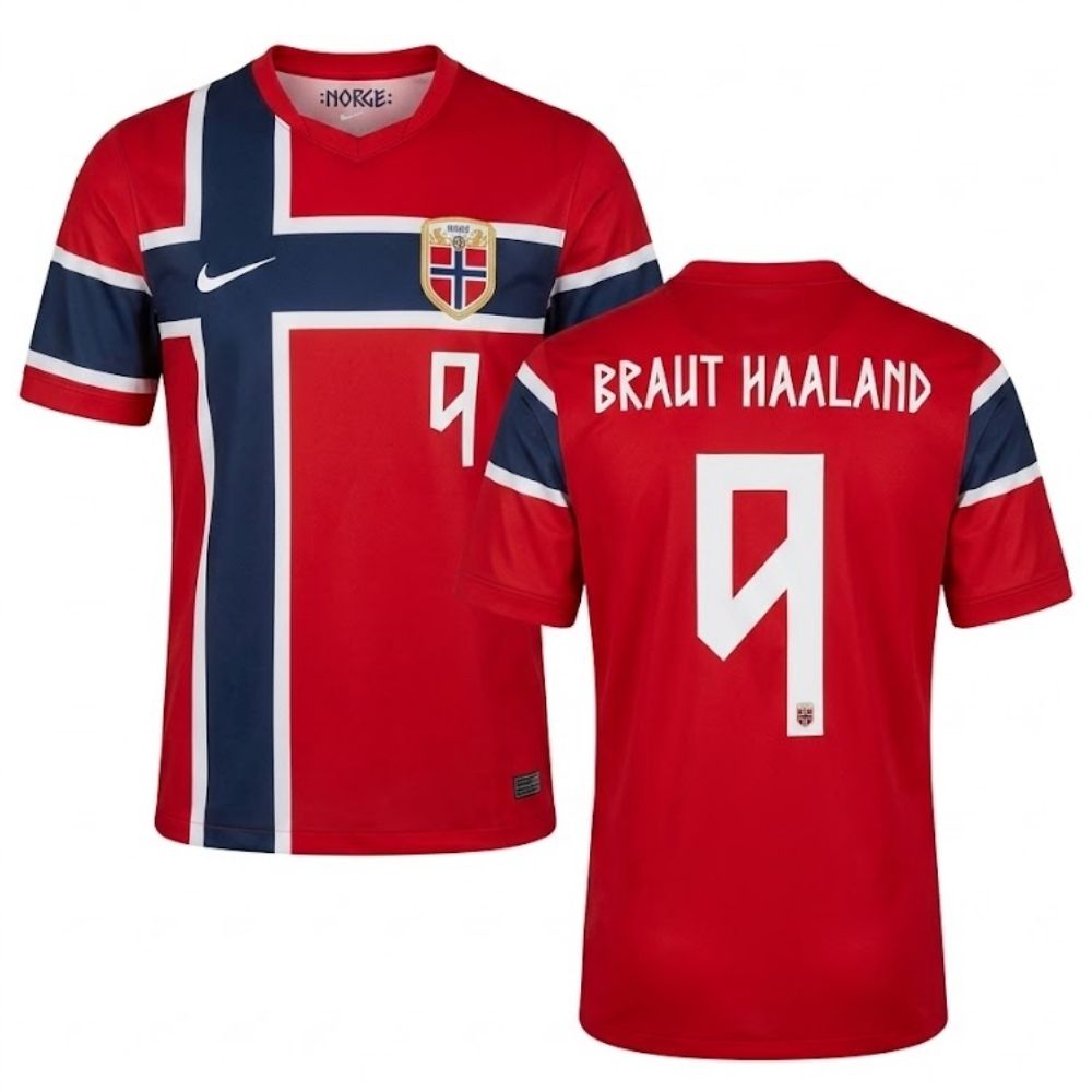 Camisa Futebol Noruega Erling Braut Haaland 9 Copa do Mundo 2026 I Torcedor Vermelha Masculina